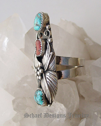 Artist Signed Mediterranean Coral turquoise & Sterling silver long old pawn ring | Schaef Designs Southwestern & Equine Jewelry | Online upscale collectible native american southwestern equine jewelry boutique gallery | San Diego CA   