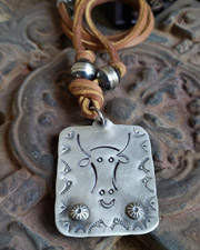 Schaef Designs 1940's Style Navajo Steer Cow Steer Southwestern Stamped Sterling Silver & Leather Necklace | Arizona