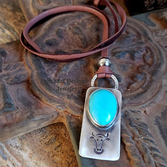 Schaef Designs Fred Harvey style Nacosari Turquoise & Sterling silver cow Dog Tag Pendant on Deerskin Lace Necklace | Arizona