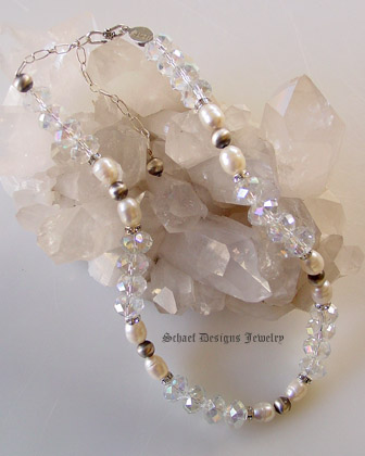 AB Crystal, white freshwater pearl and Oxidized Sterling Silver bead adjustable single strand necklace for Rocki Gorman Pendants | Schaef Designs Southwestern Jewelry | San Diego, CA