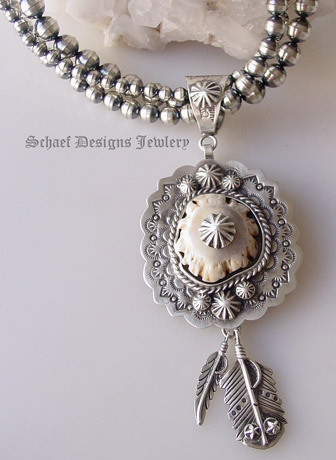  Schaef Designs deer antler crown & Sterling silver pendant with feathers | Collectible Native American Turquoise online Jewelry gallery | Schaef Designs Collectible artisan handcrafted Southwestern, deer antler & Equine Jewelry | San Diego CA 