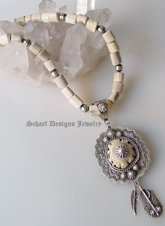 Schaef Designs carved fossilized mammoth ivory horse wolf totem animal shaman necklace on oxidized sterling silver 10mm bead necklace | Schaef Designs Southwestern & Equine Jewelry | Online upscale southwestern equine jewelry boutique gallery | San Diego CA  