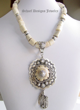 Schaef Designs carved fossilized mammoth ivory horse wolf totem animal shaman necklace on oxidized sterling silver 10mm bead necklace | Schaef Designs Southwestern & Equine Jewelry | Online upscale southwestern equine jewelry boutique gallery | San Diego CA  
