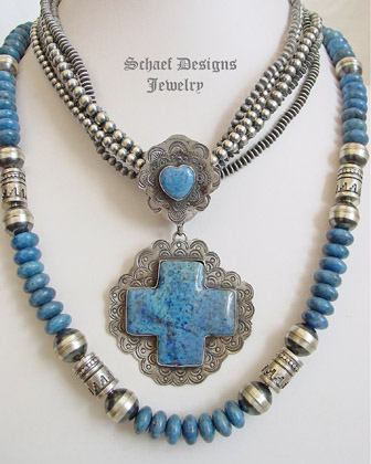 Schaef Designs Denim Lapis & stamped Sterling Silver Square Cross Heart Pendant | New Mexico