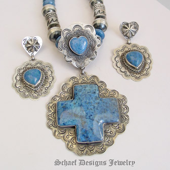 Schaef Designs Denim Lapis & stamped Sterling Silver Square Cross Heart Pendant | New Mexico