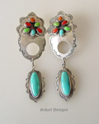 Gorgeous Desert Flower Dangle Earrings with Multi Stones | coral orange spiny oyster shell turquoise gaspeite | Rocki Gorman Jewelry | Schaef Designs | San Diego CA
