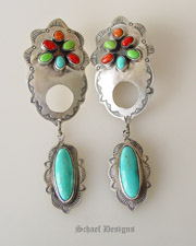 Gorgeous Desert Flower Dangle Earrings with Multi Stones | coral orange spiny oyster shell turquoise gaspeite | Rocki Gorman Jewelry | Schaef Designs | San Diego CA  | American Indian Handcrafted Jewelry | Southwestern Jewelry 