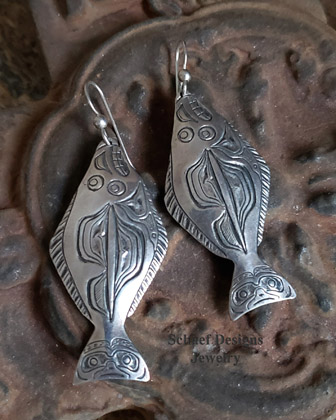 Rare artist signed Dan Tlingit halibut sterling silver earrings | Schaef Designs | New Mexico