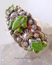 Gary G Frog Cuff Bracelet by Deleon | Mojave Green Kingman Turquoise carved frogs | Schaef Designs Turquoise Southwestern Jewelry | New Mexico 