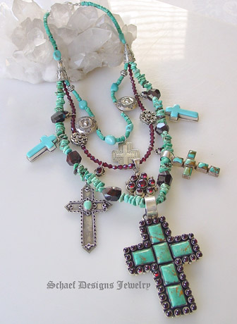 Schaef Designs Turquoise & Garnet charm necklace with vintage native american earrings, pendants, crosses & sleeping beauty turquoise | treasure necklace | Upscale online Southwestern, Equine, & Native American Jewelry Gallery Boutique | Schaef Designs artisan handcrafted Jewelry | San Diego CA