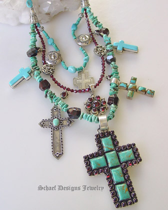 Schaef Designs Turquoise & Garnet charm necklace with vintage native american earrings, pendants, crosses & sleeping beauty turquoise | treasure necklace | Upscale online Southwestern, Equine, & Native American Jewelry Gallery Boutique | Schaef Designs artisan handcrafted Jewelry | San Diego CA