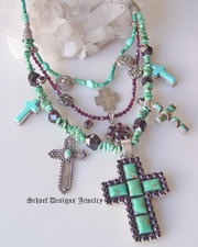 Schaef Designs Turquoise & Garnet charm necklace with vintage native american earrings, pendants, crosses & sleeping beauty turquoise | treasure necklace | Upscale online Southwestern, Equine, & Native American Jewelry Gallery Boutique | Schaef Designs artisan handcrafted Jewelry | San Diego CA