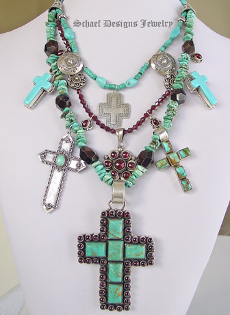 Schaef Designs Turquoise & Garnet charm necklace with vintage native american earrings, pendants, crosses & sleeping beauty turquoise | treasure necklace | Upscale online Southwestern, Equine, & Native American Jewelry Gallery Boutique | Schaef Designs artisan handcrafted Jewelry | San Diego CA