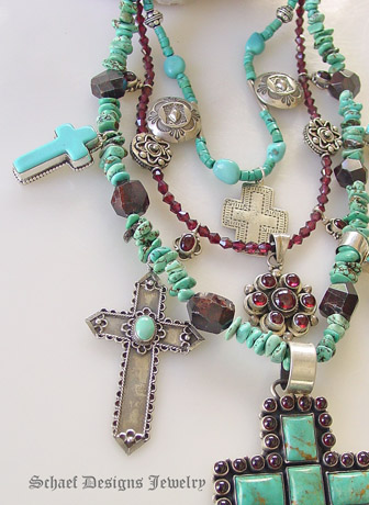 Schaef Designs Turquoise & Garnet charm necklace with vintage native american earrings, pendants, crosses & sleeping beauty turquoise | treasure necklace | Upscale online Southwestern, Equine, & Native American Jewelry Gallery Boutique | Schaef Designs artisan handcrafted Jewelry | San Diego CA