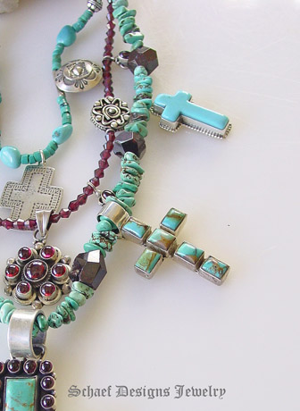 Schaef Designs Turquoise & Garnet charm necklace with vintage native american earrings, pendants, crosses & sleeping beauty turquoise | treasure necklace | Upscale online Southwestern, Equine, & Native American Jewelry Gallery Boutique | Schaef Designs artisan handcrafted Jewelry | San Diego CA