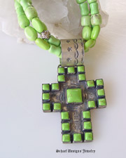 Gaspeite Cross from Rocki Gorman Many Stones Collection on Schaef Designs 3-strand Gaspeite and Sterling Silver Necklace