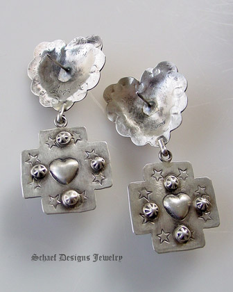 Schaef Designs Gaspeite Spade on Sterling Silver Reversible Heart Crosspath Earrings | Upscale Native American Southwestern & Equine online Jewerly Gallery | Schaef Designs artisan handcrafted jewelry | San Diego CA  