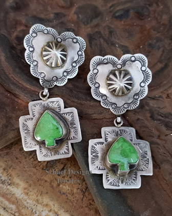 Schaef Designs Gaspeite Spade on Sterling Silver Reversible Heart Crosspath Earrings | Upscale Native American Southwestern & Equine online Jewerly Gallery | Schaef Designs artisan handcrafted jewelry | San Diego CA  