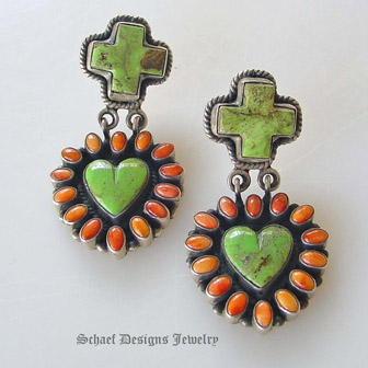 Dan Dodson Gaspeite & Spiny Oyster Shell Crosspath & Heart Post Earrings | Schaef Designs Southwestern Jewelry | San Diego CA 