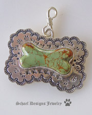 Turquoise Dog Bones on Stamped Silver Dog Bone Dog Tag | Schaef Designs In Dog We Trust Collection | by David Troutman | Dog Jewelry | online pet jewelry boutique | Schaef Designs Southwestern Jewelry | San Diego, CA 