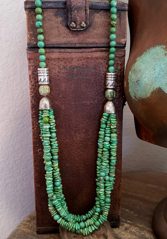 Schaef Designs green turquoise and sterling silver tube bead multi strand long necklace Southwestern Basics Collection | Arizona