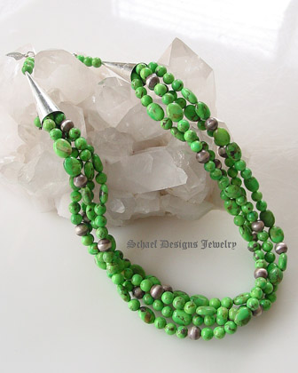 Schaef Designs 3-strand Mojave Green Kingman Turquoise & Antique Sterling Silver Bead Single Strand Adjustable Necklace | Great for Rocki Gorman or Gary G Pendant | Schaef Designs Southwestern & Equine Jewelry | San Diego CA