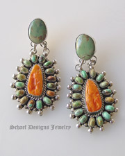  Artist signed T Yazzie Orange Spiny Oyster Shell & Green Turuqoise Cluster dangle Earrings | Native American Turquoise Jewelry | Schaef Designs Collectible artisan handcrafted Southwestern & Equine Jewelry | San Diego CA 