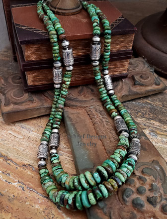 Schaef Designs High end green turuqoise & Sterling Silver Tube Bead Necklace set | Arizona