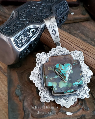 Schaef Designs Hubei Turquoise Square Cross Stacked Heart & Sterling Silver Southwestern Pendant| Arizona