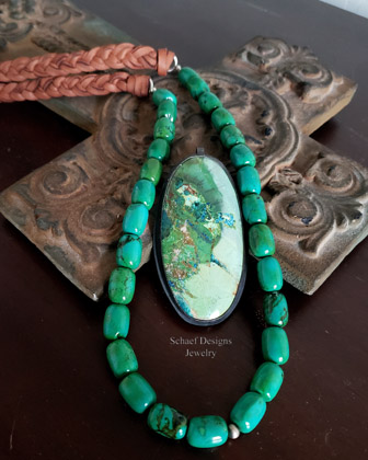 Schaef Designs Huge Green Turquoise Black Silver Pendant | Arizona 