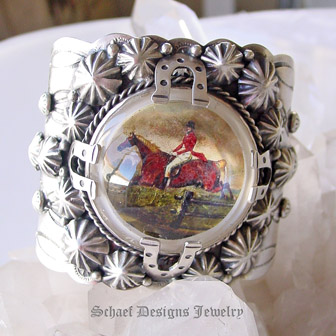 Schaef Designs Fox Hunt Scene Bridle Rosette & Sterling silver cuff bracelet | Collectible Native American Turquoise online Jewelry gallery | Schaef Designs Collectible artisan handcrafted Southwestern & Equine Jewelry | San Diego CA 