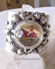 Schaef Designs Fox Hunt Scene Bridle Rosette & Sterling silver cuff bracelet | Collectible Native American Turquoise online Jewelry gallery | Schaef Designs Collectible artisan handcrafted Southwestern & Equine Jewelry | San Diego CA 