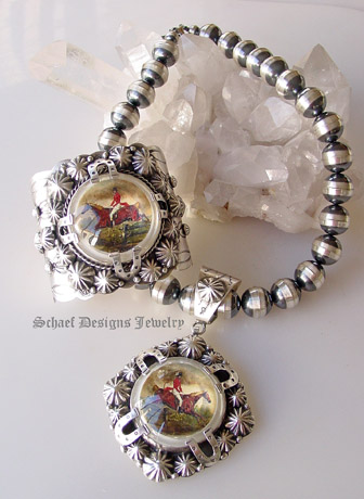 Schaef Designs Fox Hunt Scene Bridle Rosette & Sterling silver cuff bracelet | Collectible Native American Turquoise online Jewelry gallery | Schaef Designs Collectible artisan handcrafted Southwestern & Equine Jewelry | San Diego CA 