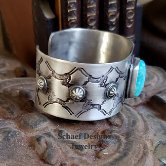 Schaef Designs Nacosari Turquoise & Stamped Sterling Silver Old Style Cuff Bracelet | Arizona