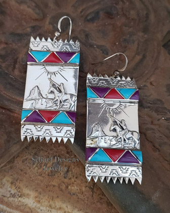 Artist signed Native American Zuni sugilite, turquoise, coral & sterling silver indian rug earrings | online upscale collectible artisan handcrafted Native American Southwestern Equine Jewelry gallery | Schaef Designs Southwestern Turquoise Jewelry | San Diego CA 