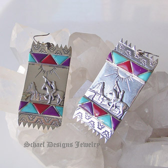 Artist signed Native American Zuni sugilite, turquoise, coral & sterling silver indian rug earrings | online upscale collectible artisan handcrafted Native American Southwestern Equine Jewelry gallery | Schaef Designs Southwestern Turquoise Jewelry | San Diego CA 