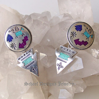 Artist signed Old pawn Sugilite, lapis, and turquoise petroglyph inlaid CLIP earrings| Collectible Native American Turquoise online Jewelry gallery | Schaef Designs Collectible artisan handcrafted Southwestern & Equine Jewelry | San Diego CA 