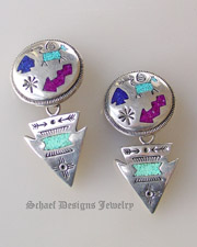 Old pawn Sugilite, lapis, and turquoise petroglyph inlaid CLIP earrings| Collectible Native American Turquoise online Jewelry gallery | Schaef Designs Collectible artisan handcrafted Southwestern & Equine Jewelry | San Diego CA 