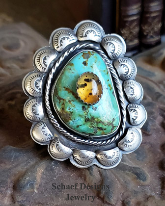 Schaef Designs KingmanTurquoise Amber & Sterling Silver LARGE Southwestern Adjustable Ring | Arizona 