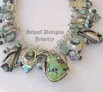 Schaef Designs vintage treasures charm necklace with labradorite, sterling silver, turquoise, saguaro cactus charms by Gary G for Rocki Gorman, abalone, native amercian feather concho charms  | Schaef Designs artisan handcrafted Southwestern, Native American & Equine Jewelry | Online upscale southwestern equine jewelry boutique gallery | San Diego CA  
