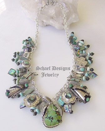 Schaef Designs vintage treasures charm necklace with labradorite, sterling silver, turquoise, saguaro cactus charms by Gary G for Rocki Gorman, abalone, native amercian feather concho charms  | Schaef Designs artisan handcrafted Southwestern, Native American & Equine Jewelry | Online upscale southwestern equine jewelry boutique gallery | San Diego CA   