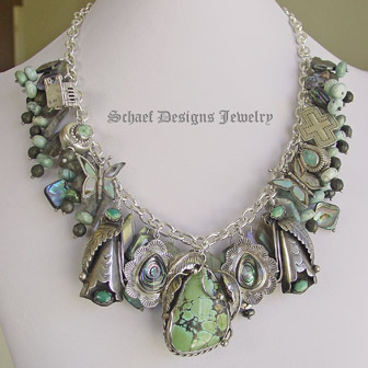 Schaef Designs vintage treasures charm necklace with labradorite, sterling silver, turquoise, saguaro cactus charms by Gary G for Rocki Gorman, abalone, native amercian feather concho charms  | Schaef Designs artisan handcrafted Southwestern, Native American & Equine Jewelry | Online upscale southwestern equine jewelry boutique gallery | San Diego CA   