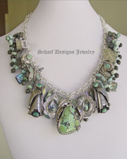 Schaef Designs vintage treasures charm necklace with labradorite, sterling silver, turquoise, saguaro cactus charms by Gary G for Rocki Gorman, abalone, native amercian feather concho charms  | Schaef Designs artisan handcrafted Southwestern, Native American & Equine Jewelry | Online upscale southwestern equine jewelry boutique gallery | San Diego CA  