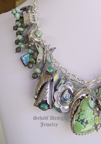 Schaef Designs vintage treasures charm necklace with labradorite, sterling silver, turquoise, saguaro cactus charms by Gary G for Rocki Gorman, abalone, native amercian feather concho charms  | Schaef Designs artisan handcrafted Southwestern, Native American & Equine Jewelry | Online upscale southwestern equine jewelry boutique gallery | San Diego CA   