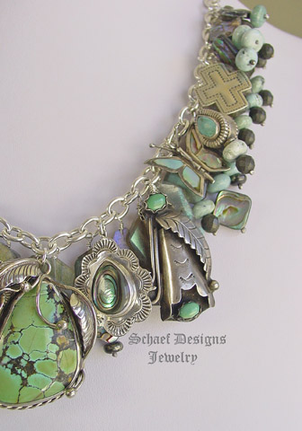 Schaef Designs vintage treasures charm necklace with labradorite, sterling silver, turquoise, saguaro cactus charms by Gary G for Rocki Gorman, abalone, native amercian feather concho charms  | Schaef Designs artisan handcrafted Southwestern, Native American & Equine Jewelry | Online upscale southwestern equine jewelry boutique gallery | San Diego CA   