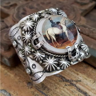 Schaef Designs Lady on Horseback Bridle Rosette & Sterling silver cuff bracelet  | Schaef Designs artisan handcrafted Southwestern, Native American & Equine Jewelry | Online upscale southwestern equine jewelry boutique gallery | San Diego CA  