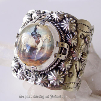  Schaef Designs Lady on Horseback Bridle Rosette & Sterling silver cuff bracelet  | Schaef Designs artisan handcrafted Southwestern, Native American & Equine Jewelry | Online upscale southwestern equine jewelry boutique gallery | San Diego CA  