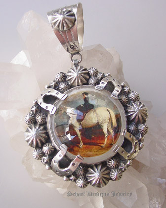 Schaef Designs Lady on Horseback Bridle Rosette & Sterling silver pendant & necklace | Schaef Designs artisan handcrafted Southwestern, Native American & Equine Jewelry | Online upscale southwestern equine jewelry boutique gallery | San Diego CA
