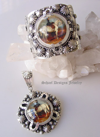 Schaef Designs Lady on Horseback Bridle Rosette & Sterling silver cuff bracelet  | Schaef Designs artisan handcrafted Southwestern, Native American & Equine Jewelry | Online upscale southwestern equine jewelry boutique gallery | San Diego CA