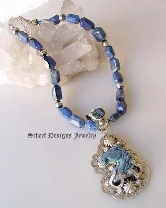 Schaef Designs Denim Lapis & Boulder Opal carved horse pendant | Dumortierite & vintage antiqued sterling silver bead necklace | online upscale Southwestern & Equine Jewelry Gallery Boutique | Schaef Designs Southwestern & Equine Jewelry | San Diego CA 